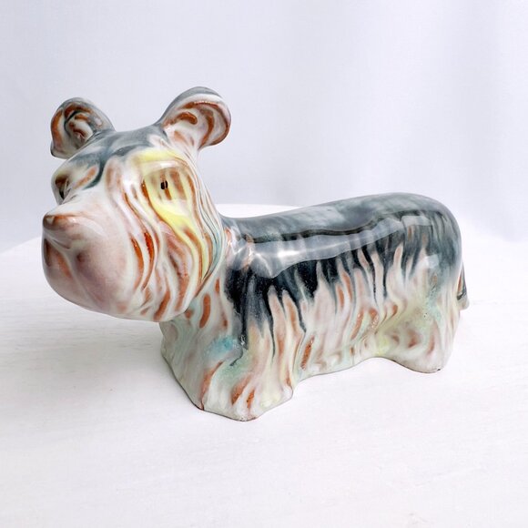 German Ceramic Dog Figurine Red Clay Multicolored Glaze Yorkshire Terrier - read - Picture 1 of 9